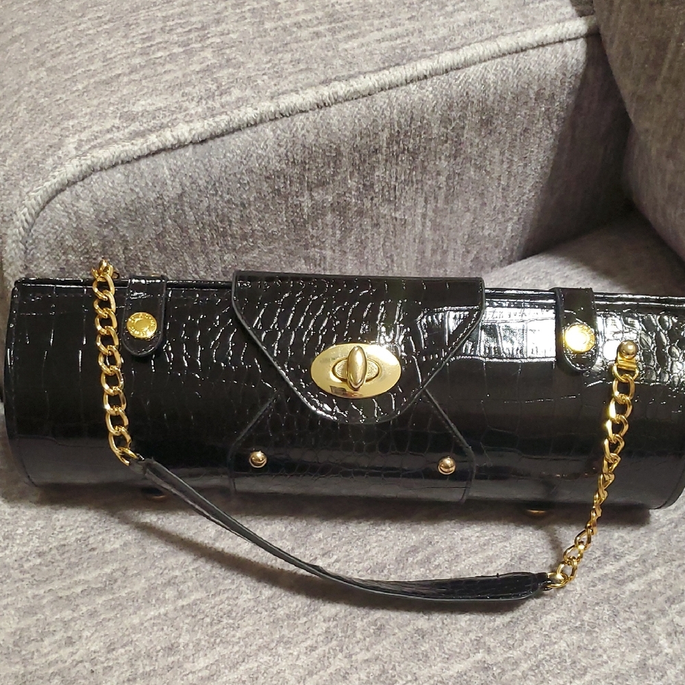 Ascot Picnic Black Crocodile-Embossed Clutch